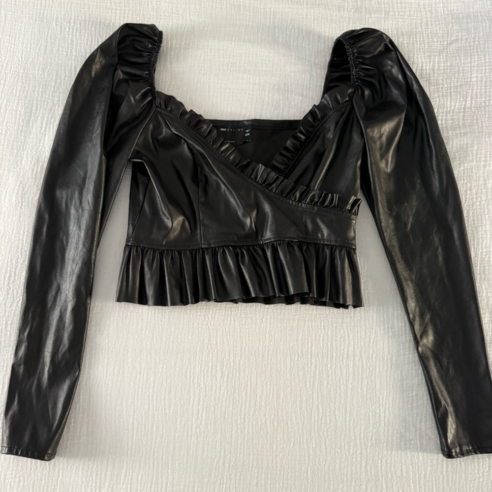ASOS Black Faux Leather Ruffle Top